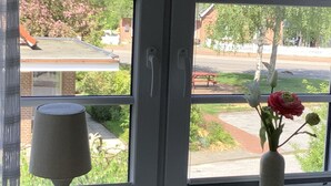 Uma janela com vista para uma rua residencial, um candeeiro e um vaso com flores.