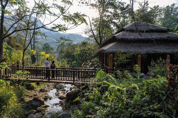 A thatched-roof structure with a wooden deck and railing, surrounded by lush greenery and a small stream. - Visama Explorer Nan (Bo Kluea)