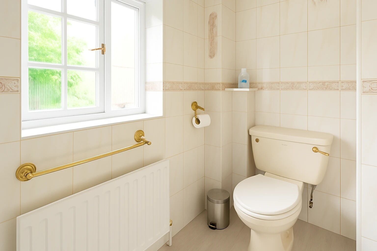 A bathroom with a toilet, a radiator, a window, and a small trash bin.