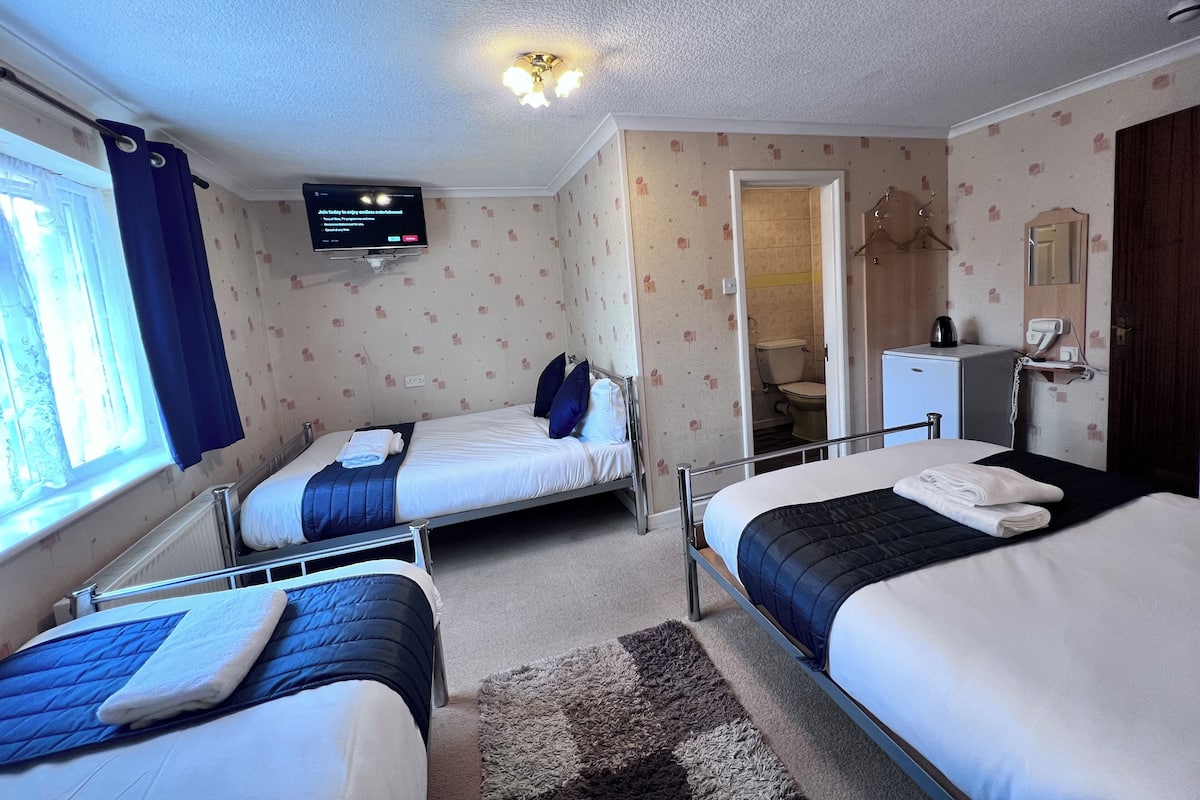 Deluxe vierpersoonskamer, meerdere bedden | Een bureau, een strijkplank/strijkijzer, gratis wifi