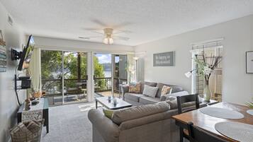 Smart-tv, eldstad, dvd-spelare och böcker