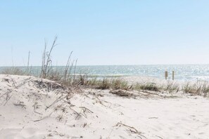 Una playa con dunas de arena y una vista despejada del océano.
