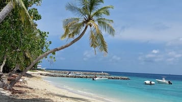 Ubicación cercana a la playa, arena blanca, tumbonas y toallas de playa