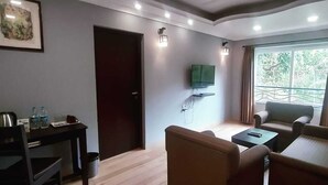 A hotel room with a sofa, a small table, a TV mounted on the wall, and a window with curtains. - Candolim Suites (Candolim)