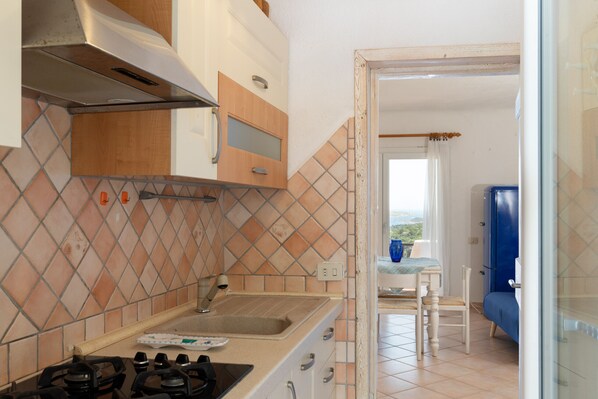 Una cocina con estufa a gas, lavamanos y armarios de madera. Hay una zona de comedor con mesa y sillas, además de un armario azul.