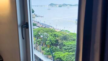Vista pela janela de uma área ribeirinha com calçada para pedestres, árvores e edifícios ao longe.