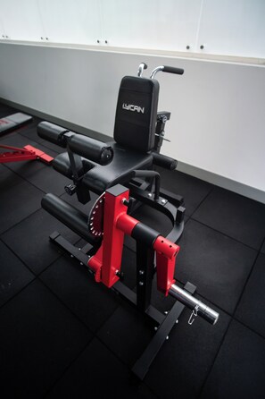 Un gimnasio con banca y una estructura para sentadillas.