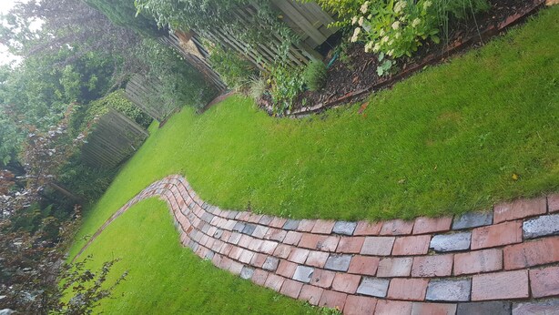 Een gebogen bakstenen pad dat door een verzorgd gazon met weelderige beplanting en een houten omheining loopt.