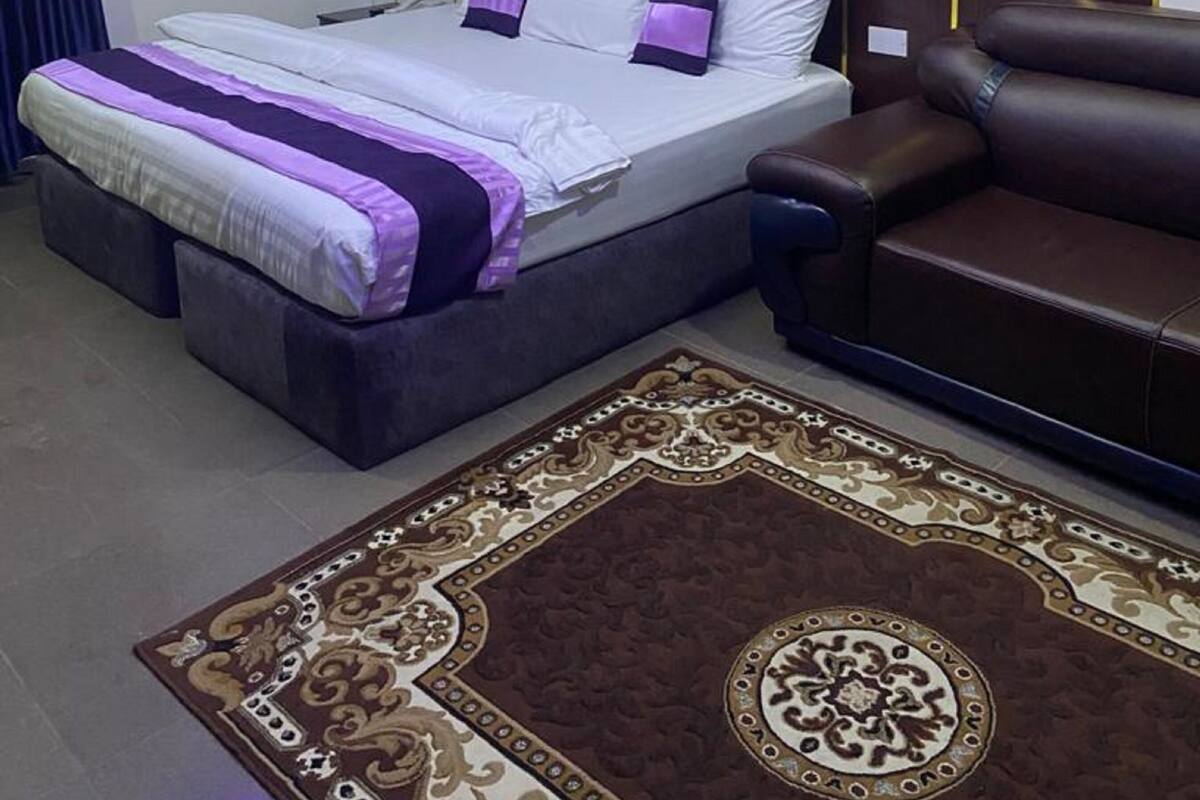 A bedroom with a bed, a sofa, a patterned rug, and a chandelier.