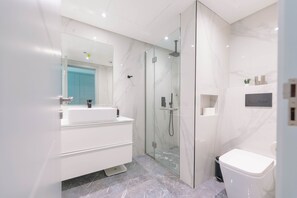 Regadera, secadora de cabello, papel de baño