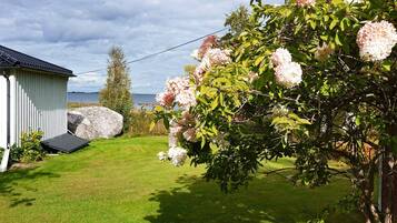 Un patio cubierto de césped con un edificio blanco, una roca grande y un árbol con flores rosadas.