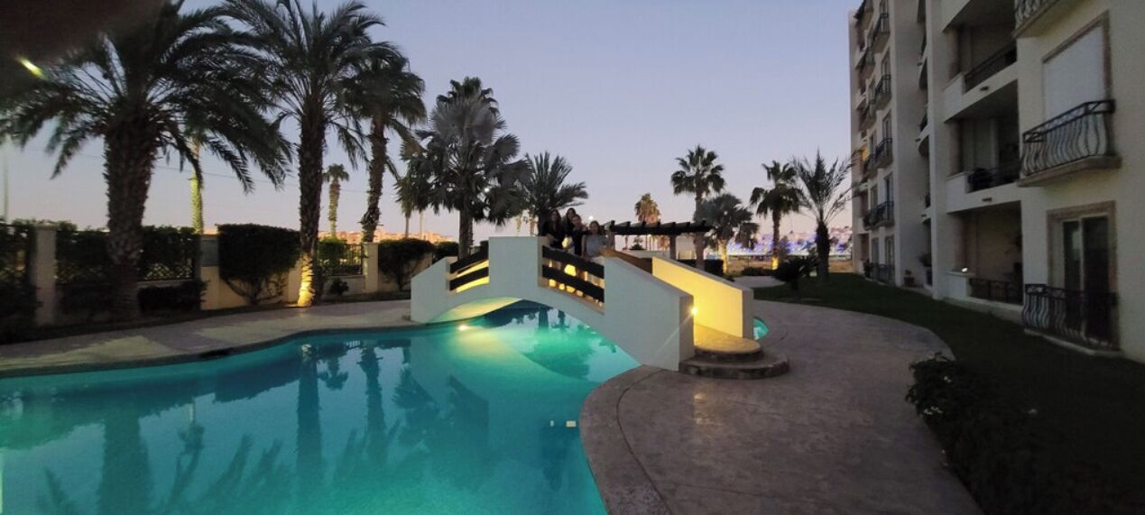 A swimming pool with a bridge, palm trees, and a building with balconies.