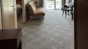 Habitación de hotel con piso alfombrado, un sofá, un escritorio con silla, una cama y una ventana con cortinas.