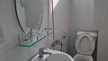 Secador de cabelo, bidê, toalhas de banho, sabonete