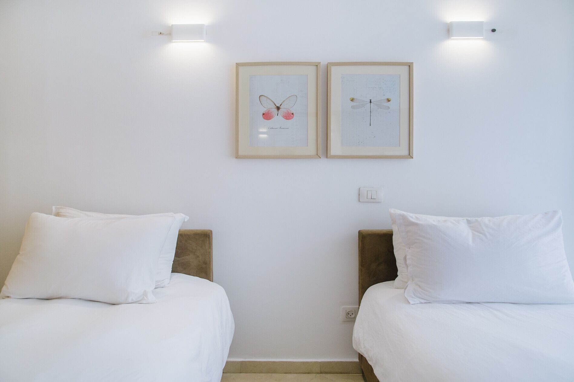 Ein Hotelzimmer mit zwei Einzelbetten, weißer Bettwäsche und zwei gerahmten Wandbildern mit Insektenmotiven.