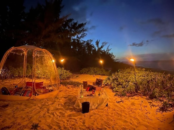 A tent set up on a sandy beach with a table and chairs nearby, surrounded by vegetation.