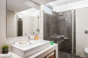 Shower, hair dryer, towels, soap