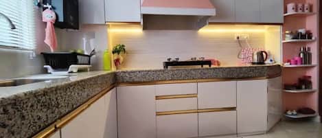 Fridge, microwave, stovetop, electric kettle