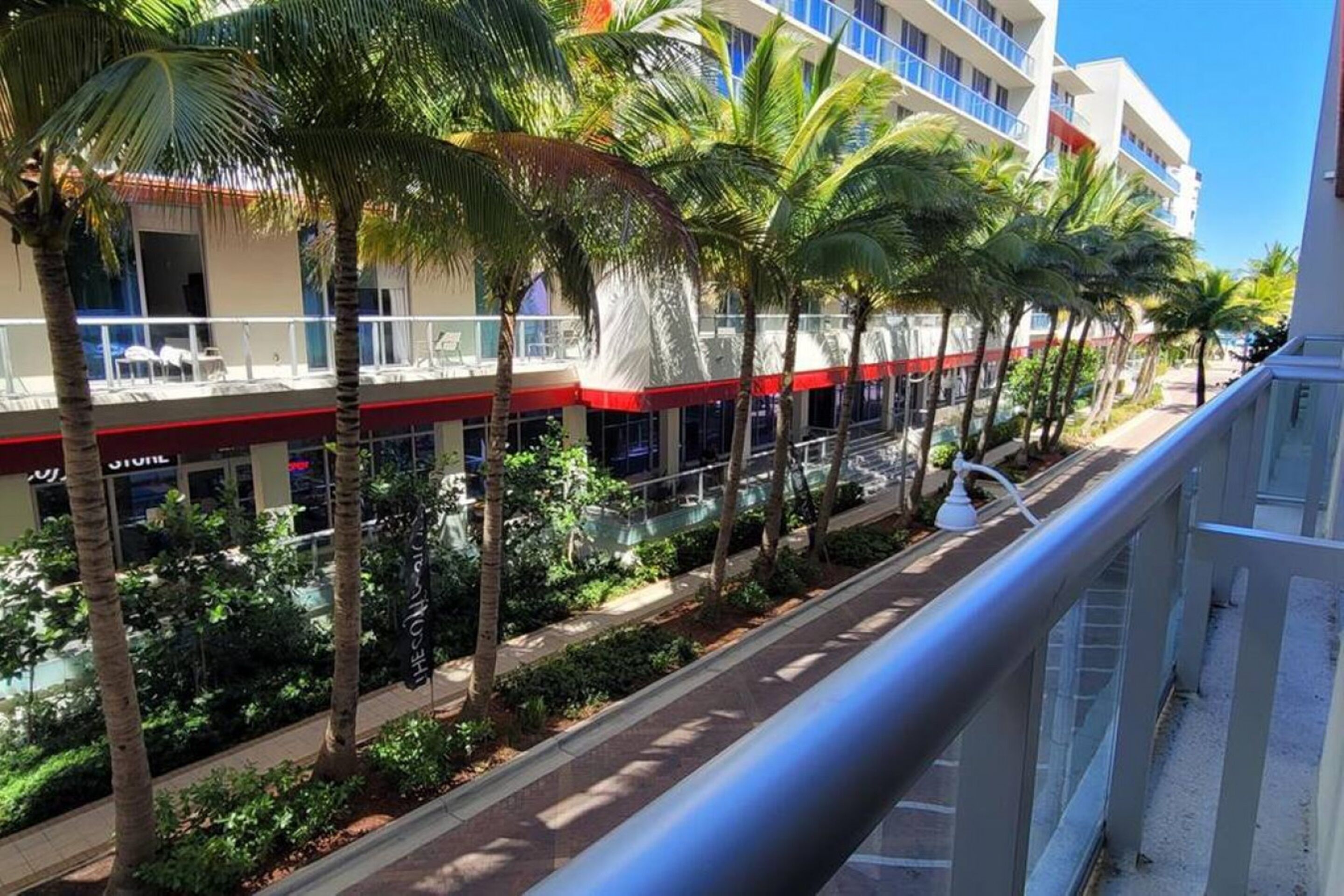 A hotel with a modern design, featuring a red and white facade, multiple balconies, and a row of palm trees along the street.