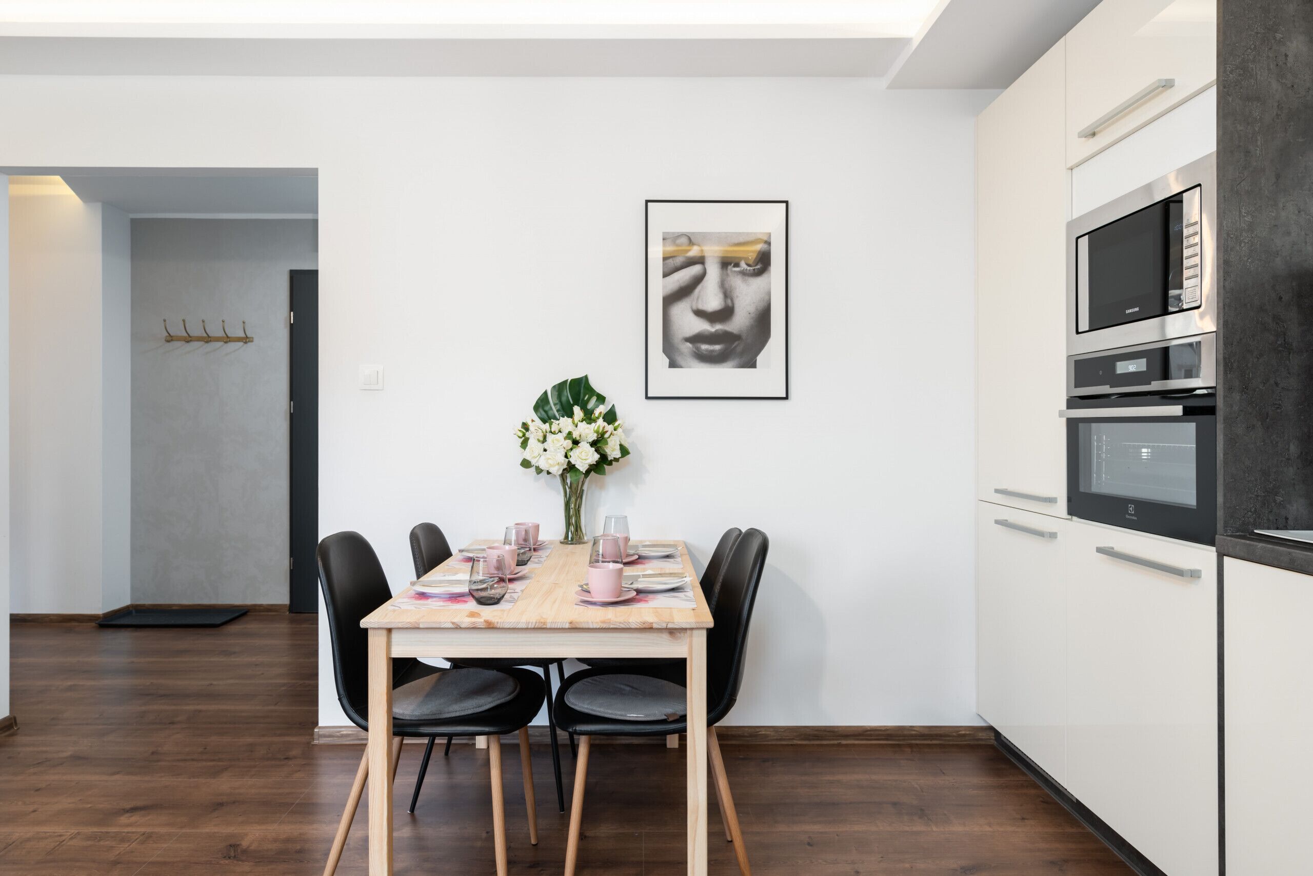 Microwave, dishwasher, cookware/dishes/utensils