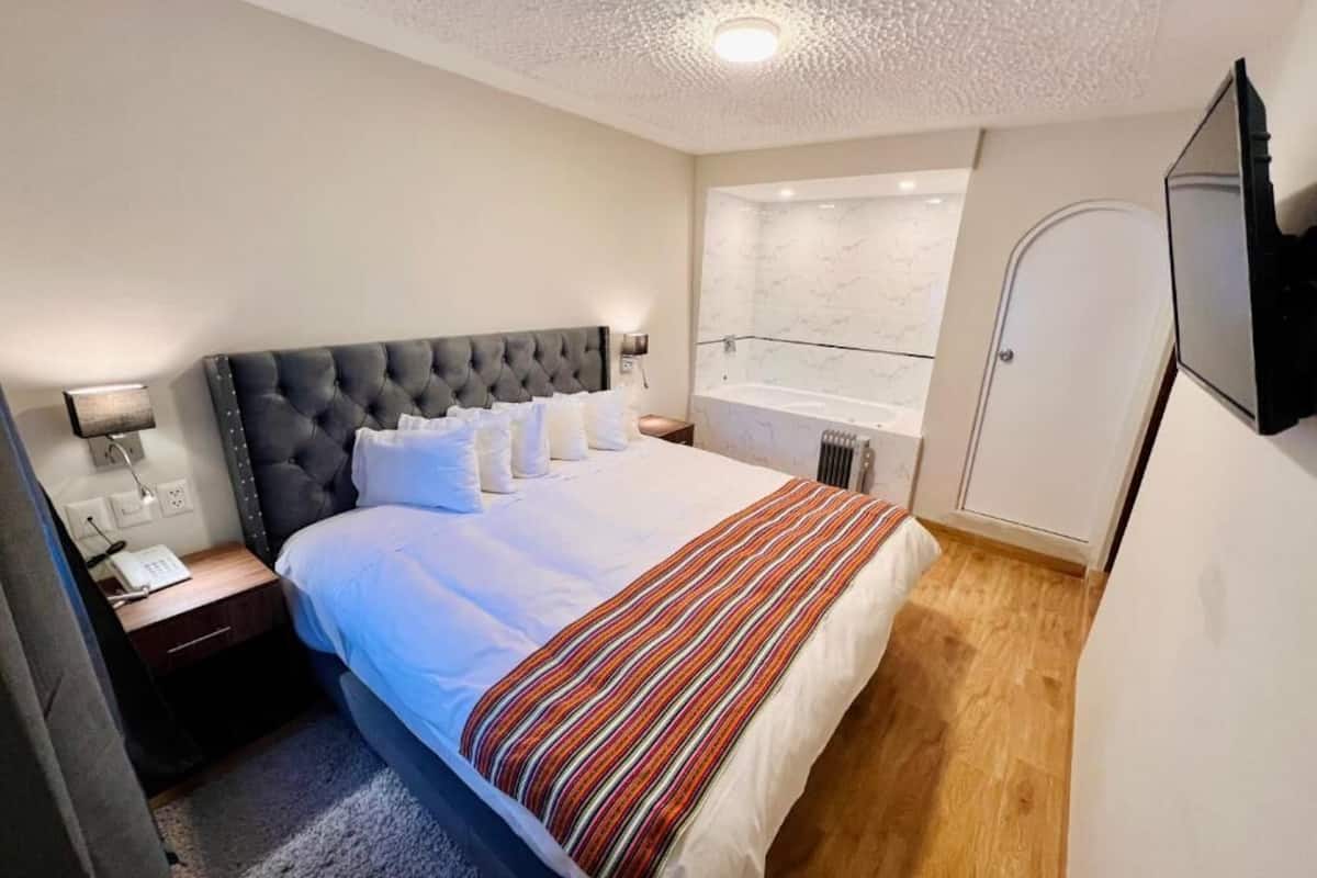 A bedroom with a large bed, a bedside table with a lamp, a window with a view, and a door.