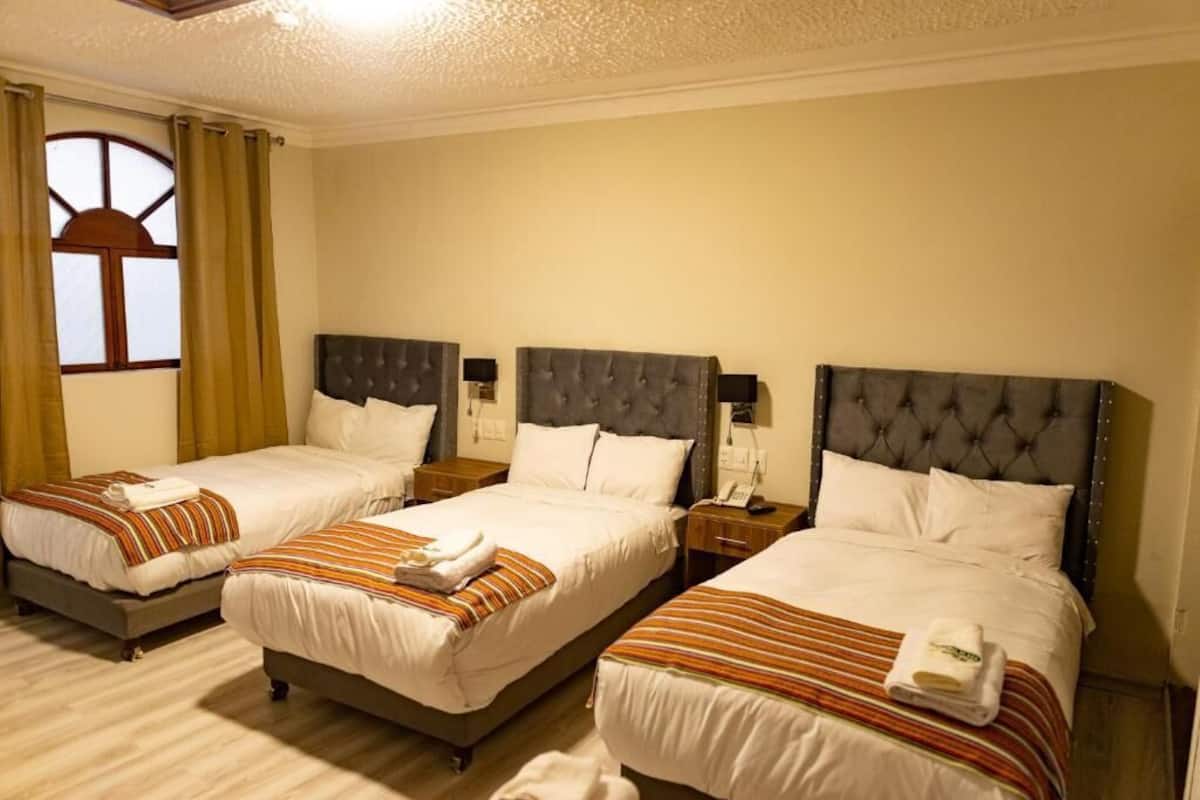 A hotel room with three single beds, each with a tufted headboard, white bedding, and striped blankets.