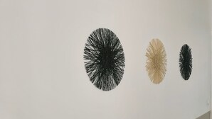 Three circular wall art pieces in different colors.