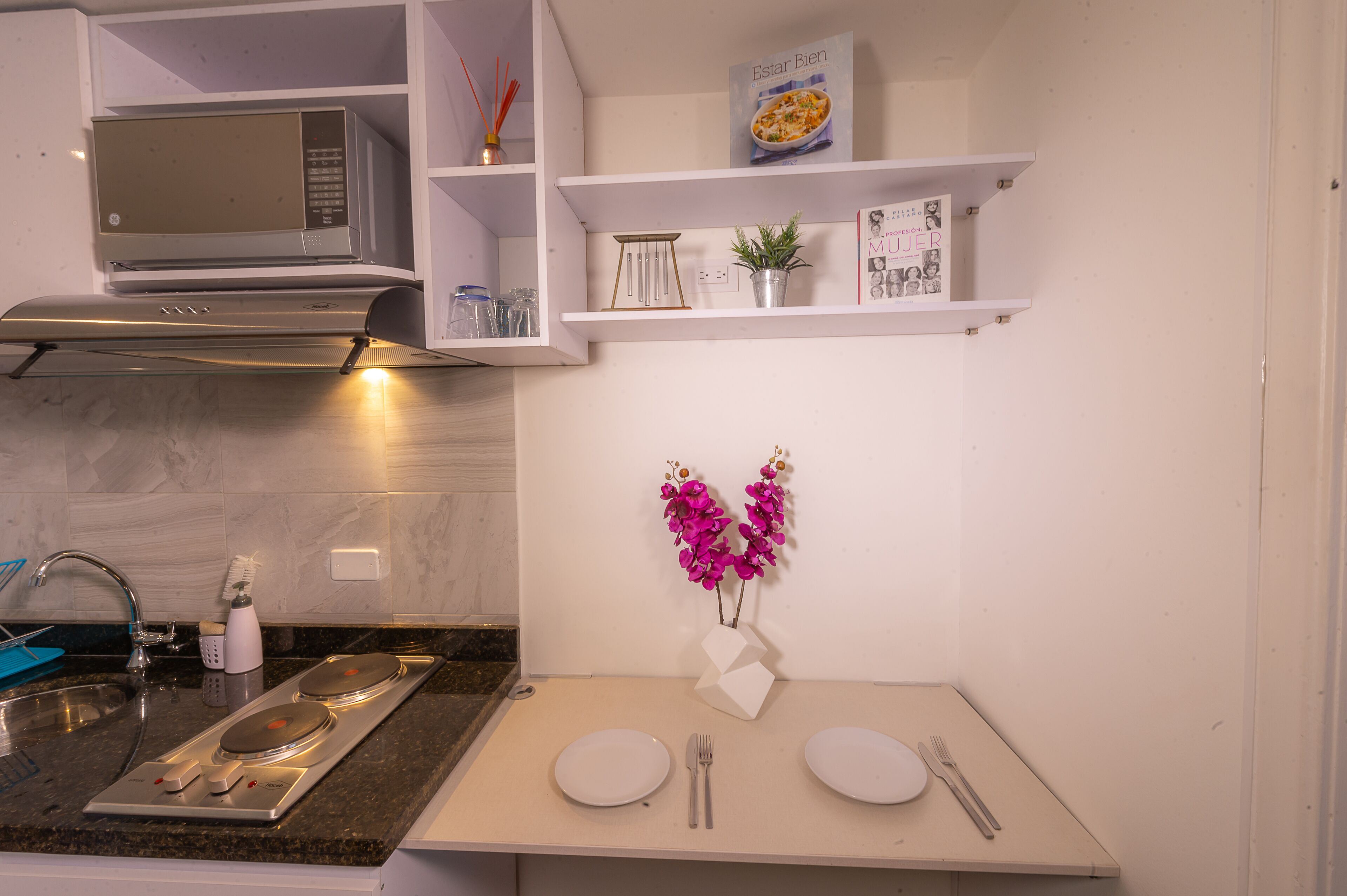 Fridge, microwave, stovetop, coffee/tea maker