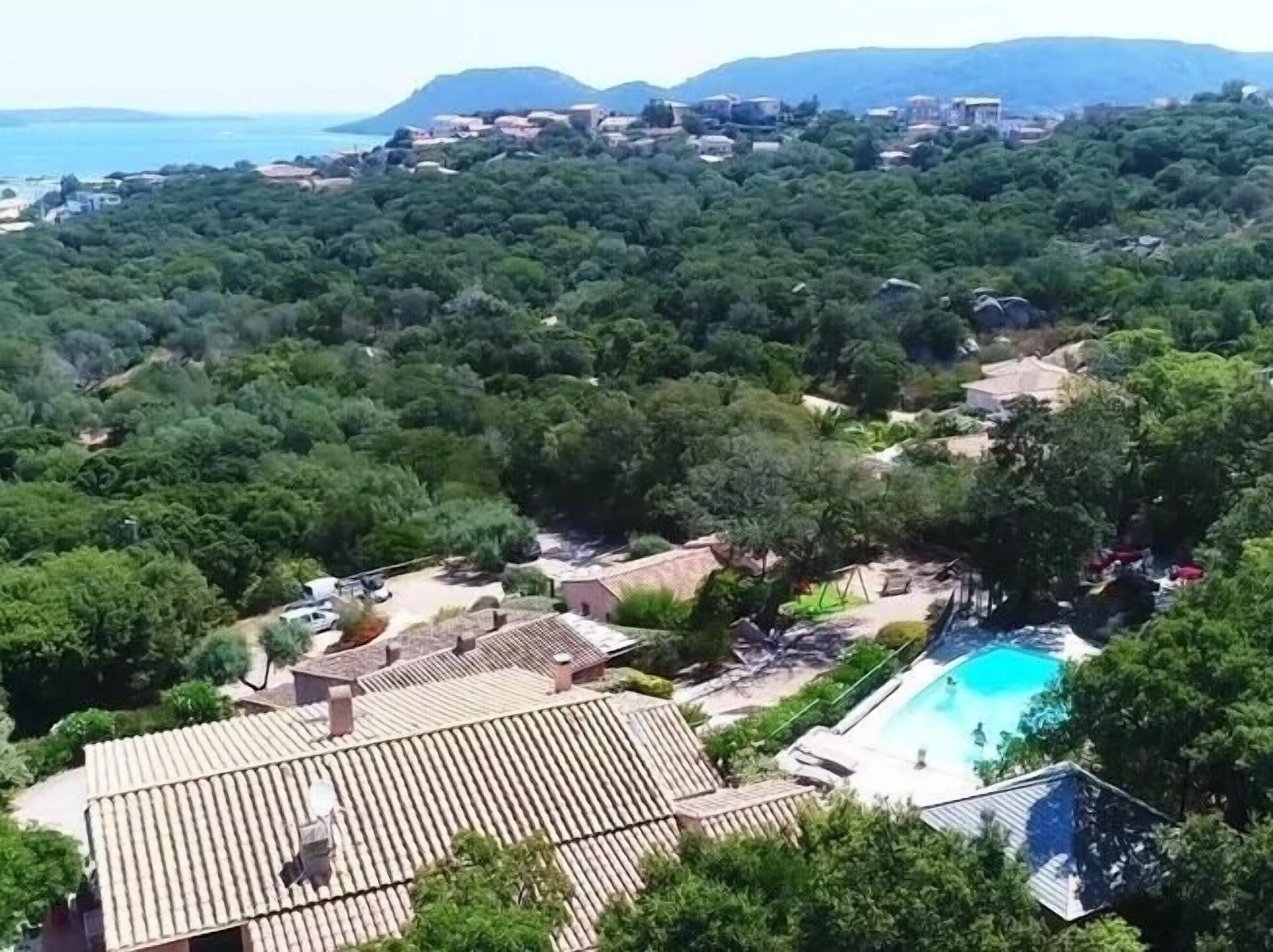 A residential area with a swimming pool surrounded by trees and a view of the sea.