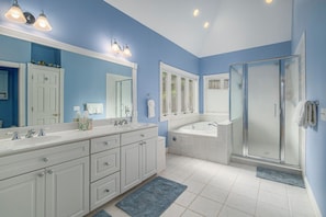 Jetted tub, hair dryer, towels, soap