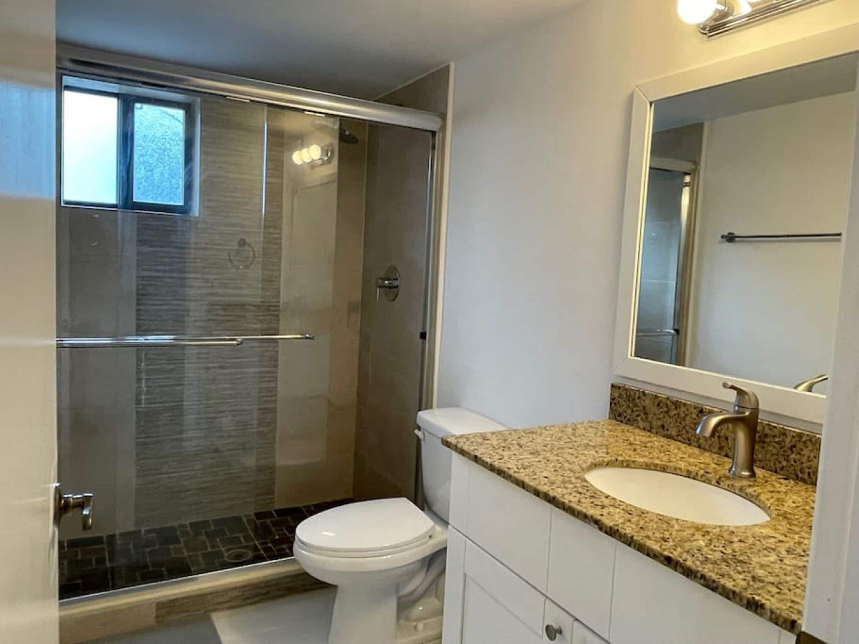A bathroom with a glass-enclosed shower, a white toilet, and a granite countertop sink.