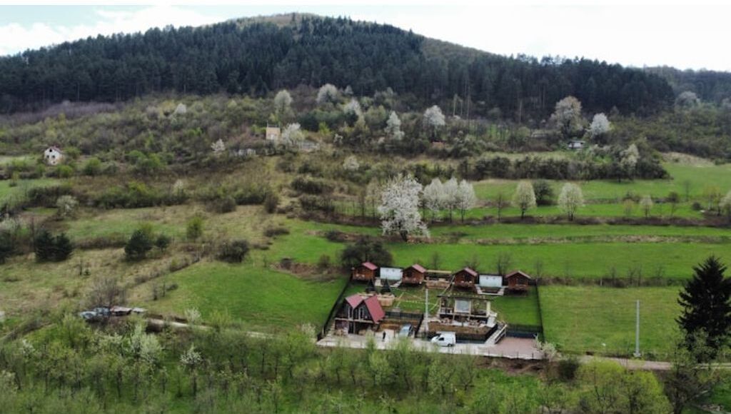 Un paisaje rural con un conjunto de casas de madera rodeado de campos verdes y árboles.