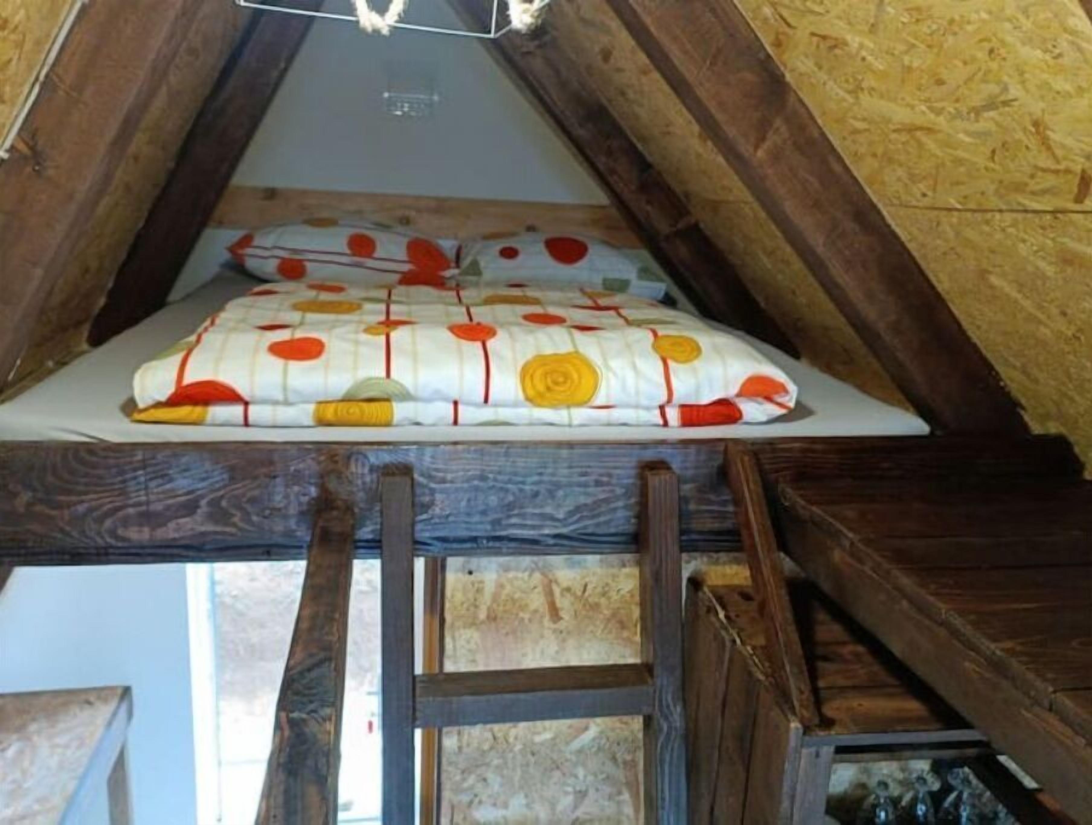 A loft-style bedroom with a sloped ceiling, wooden beams, and a ladder leading to a lower level.