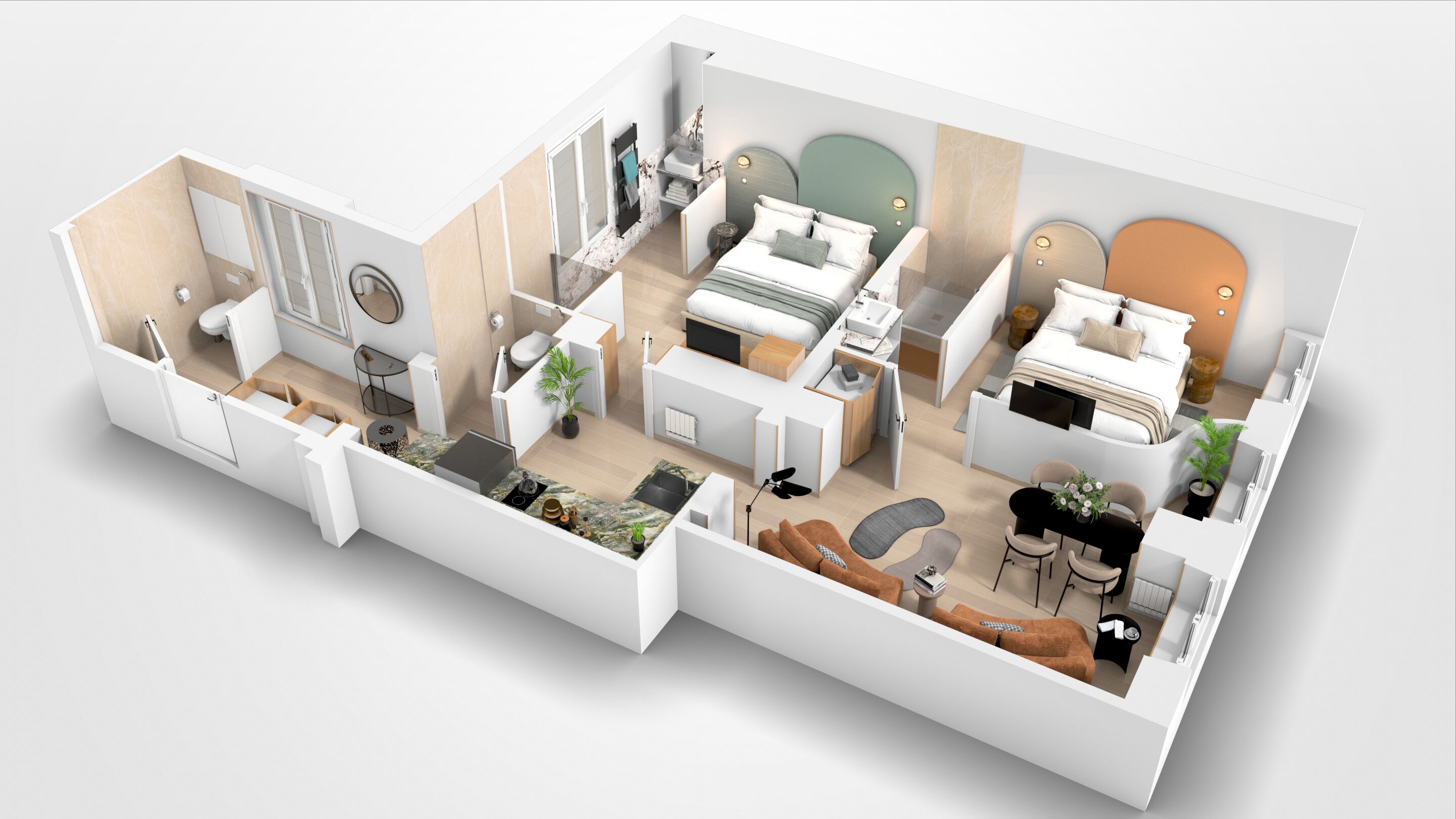En 3D-modell av en modern lägenhet med kök, matplats, vardagsrum och två sovrum.
