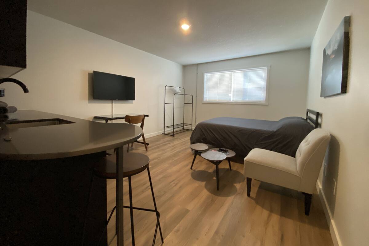 A compact room with a kitchenette, a bed, a TV, and a window.