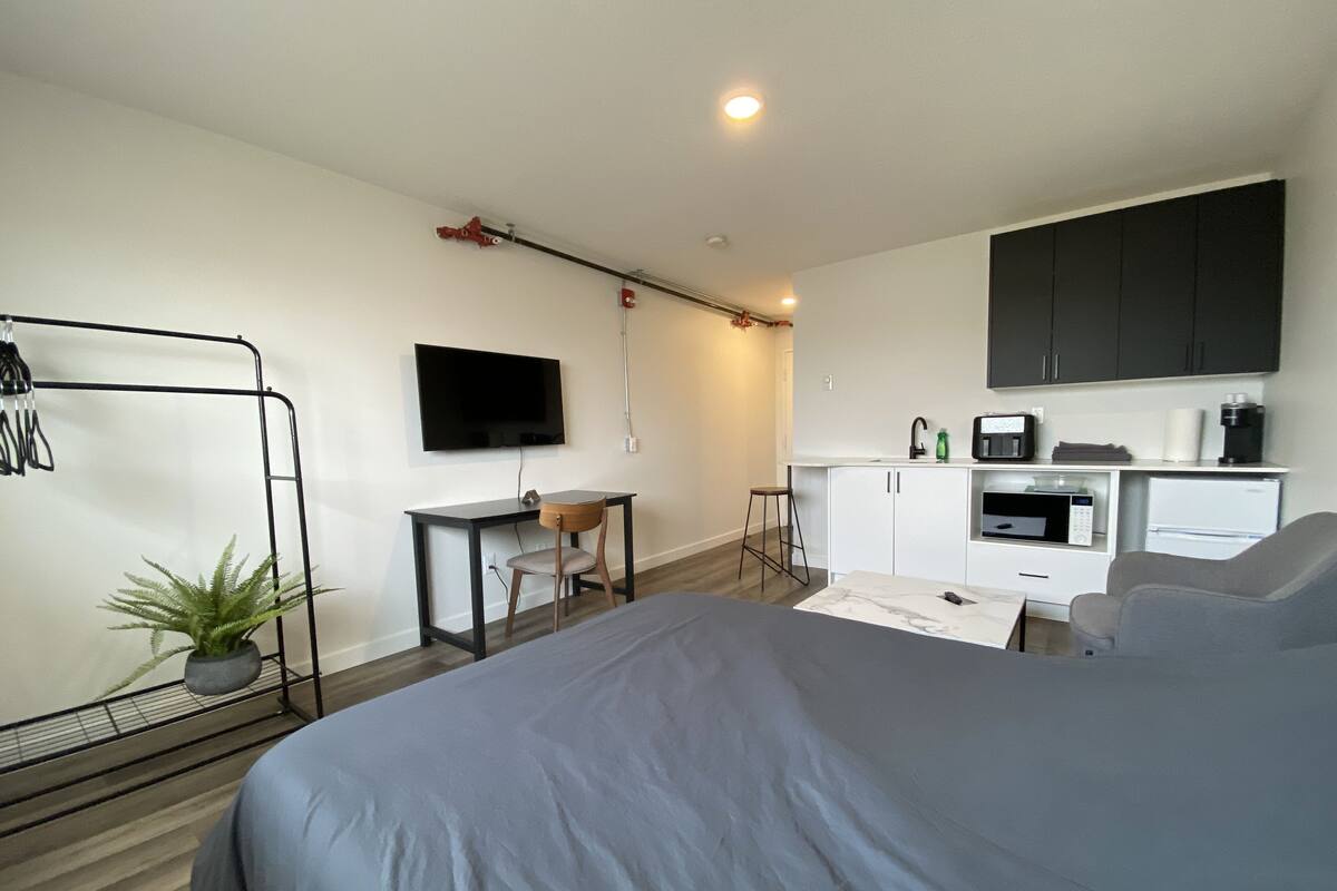 A modern hotel room with a large bed, a desk with a chair, a TV, a kitchenette, and a small balcony with a plant.