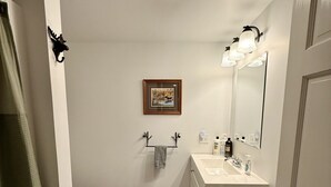 A bathroom with a toilet, sink, mirror, towel rack, framed picture, and a light fixture.