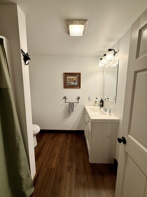 A bathroom with a toilet, sink, mirror, towel rack, framed picture, and a light fixture.