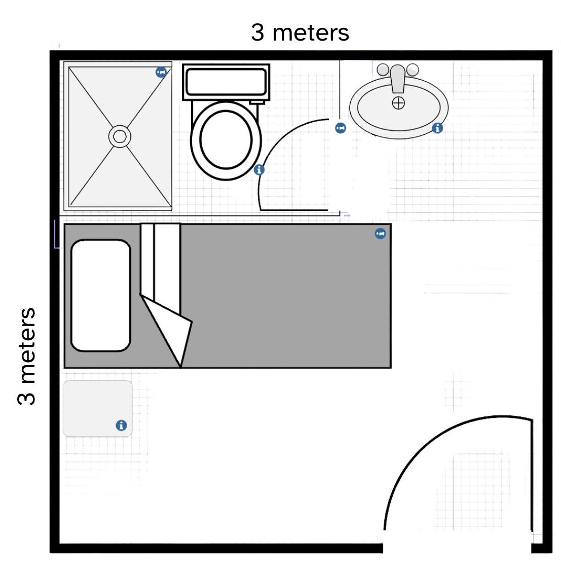 Distribución de un baño de 3 por 3 metros, con inodoro, lavamanos y zona de ducha.