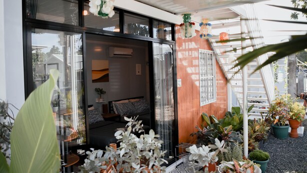 Una habitación de hotel moderna con ventanas amplias, una cama, un escritorio y varias plantas.
