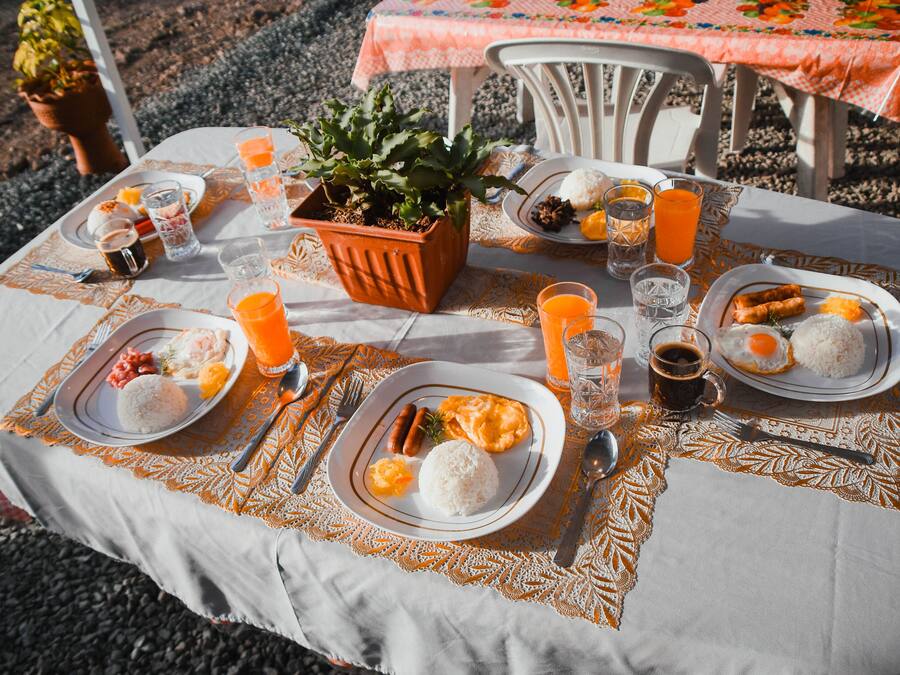 A table set with plates of food, including rice, eggs, and vegetables, and a potted plant.