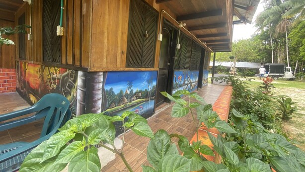 A covered outdoor area with wooden walls, a mural, and potted plants. - CABAÑAS TAKANA (Leticia)