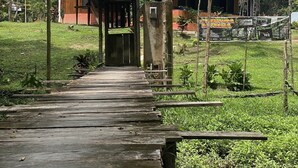 A wooden house with a metal roof, a wooden porch, and a sign that reads "BIENVENIDO SIGA". - CABAÑAS TAKANA (Leticia)