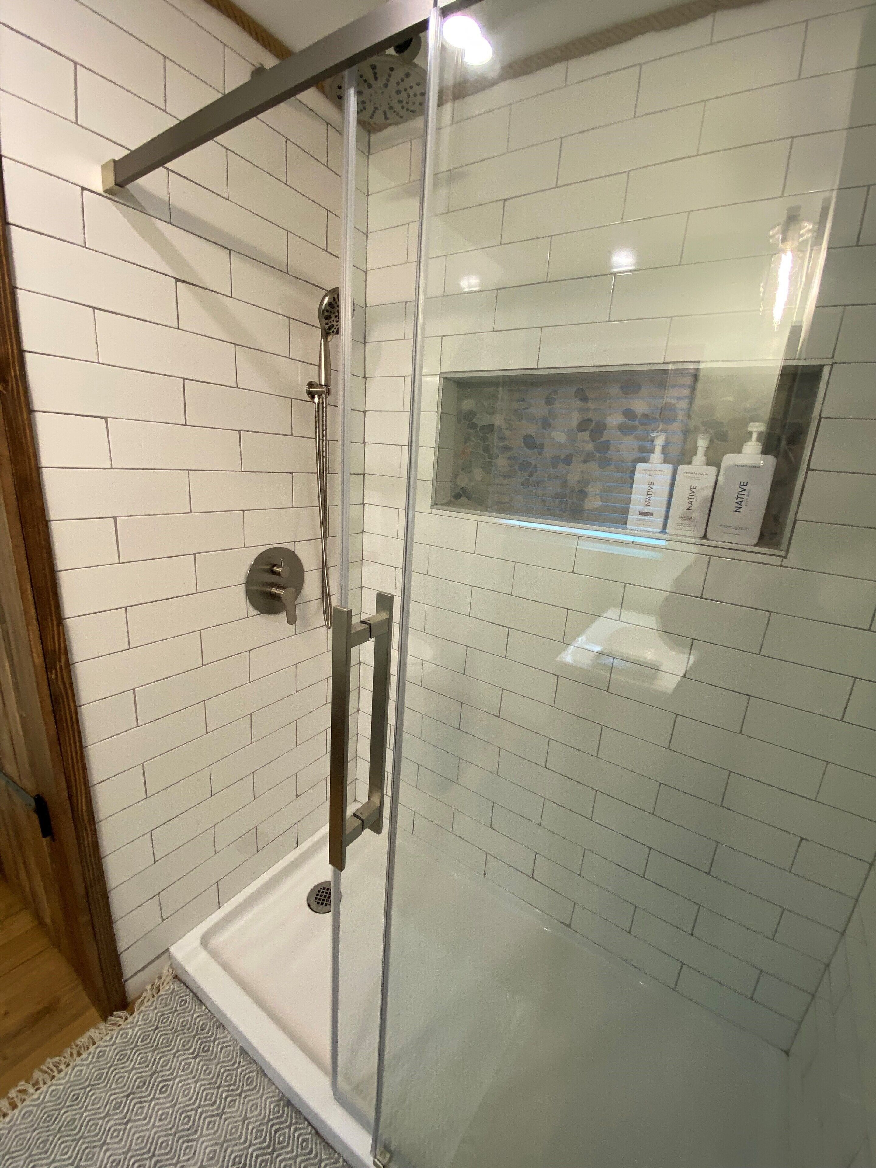 Shower, towels, soap, shampoo