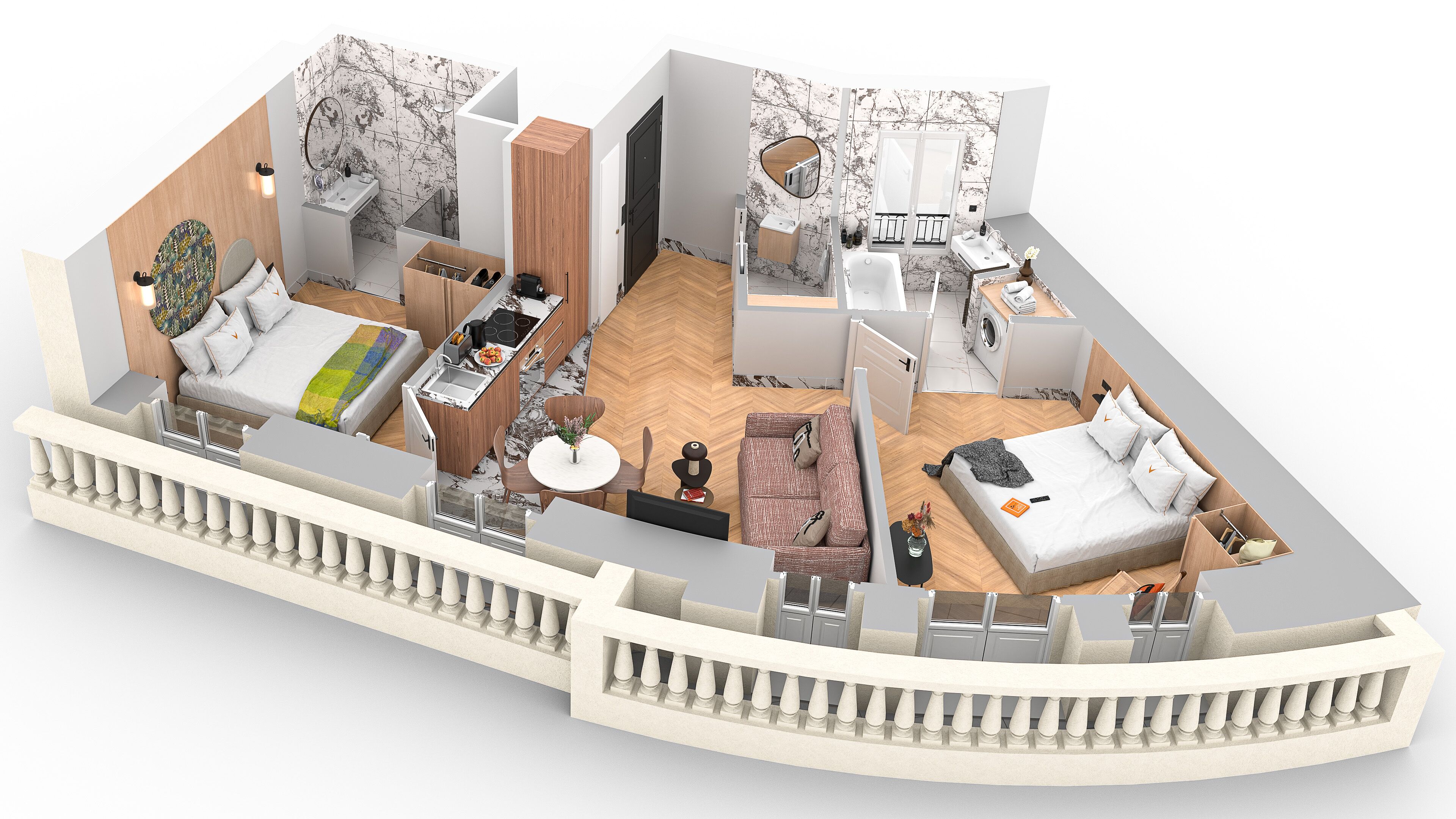 Un modèle 3D d’une chambre d’hôtel compacte comprenant un lit, une kitchenette, une salle de bain et un balcon.