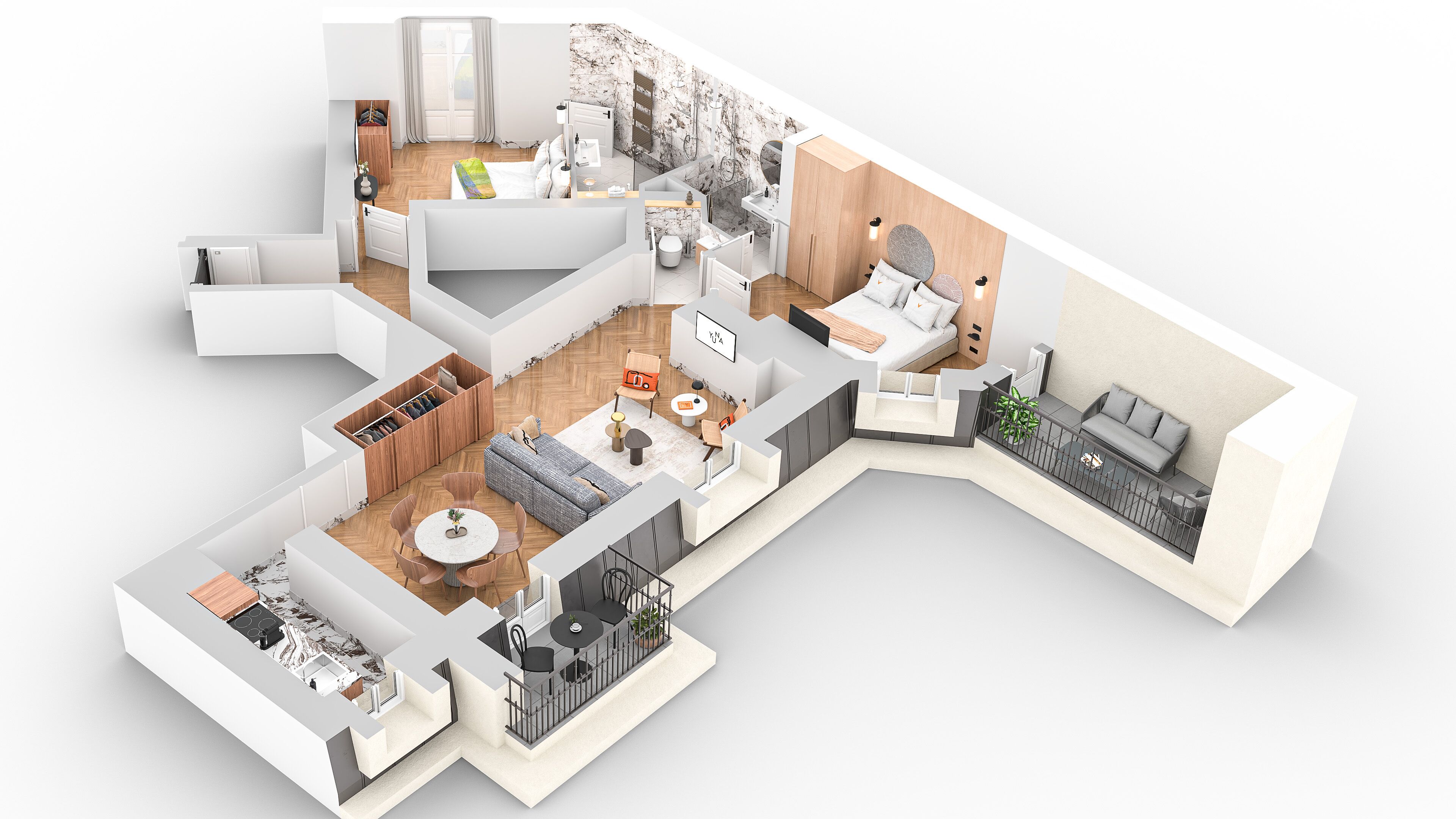 Plano de planta en 3D de un apartamento moderno con sala de estar, cocina, comedor y un balcón.
