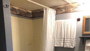 Une salle de bain avec une baignoire, un rideau de douche, un lavabo et un miroir.