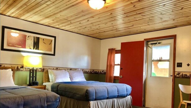 Une pièce avec deux lits, un plafond en bois, un tableau encadré, une porte rouge et une chaise.