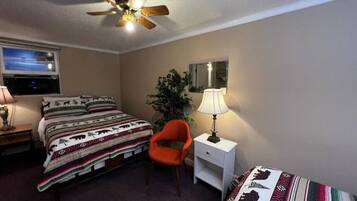 A bedroom with two beds, a ceiling fan, a nightstand with a lamp, and a chair.