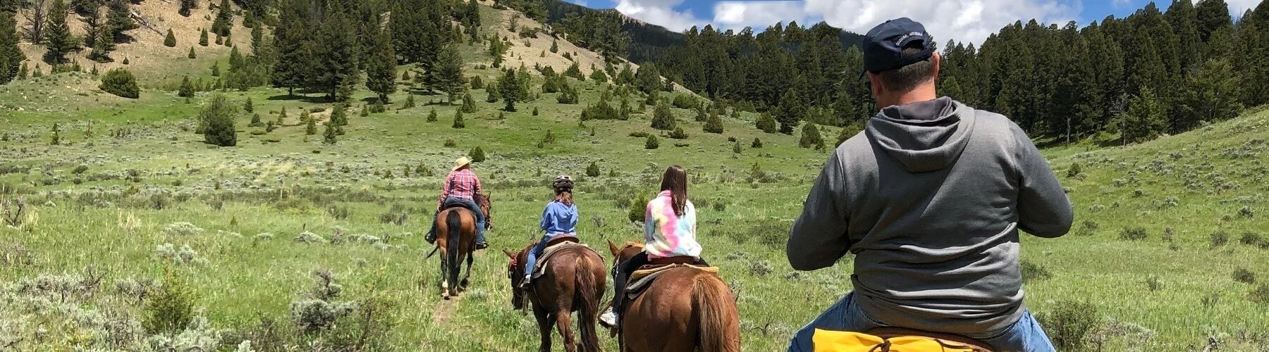 A group of people horseback riding on a grassy trail with trees and hills in the background.